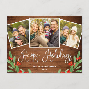 Carte Postale Noël Rustic Wood 3 PHOTO Salutation Holiday