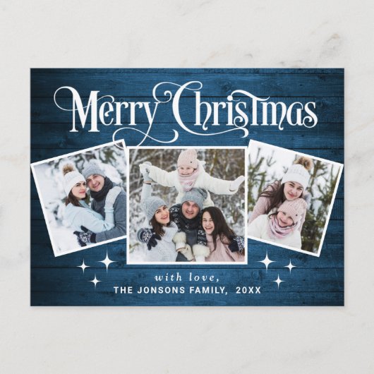 Carte Postale Noël Rustic Wood 3 PHOTO Salutation Holiday (Devant)