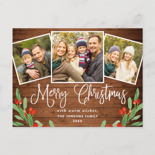 Carte Postale Noël Rustic Wood 3 PHOTO Salutation Holiday (Devant)