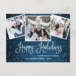 Carte Postale Noël Rustic Wood 3 PHOTO Salutation Holiday