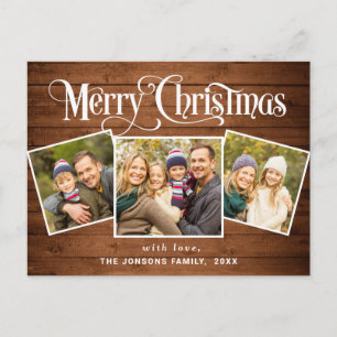 Carte Postale Noël Rustic Wood 3 PHOTO Salutation Holiday