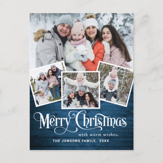 Carte Postale Noël Rustic Wood 4 PHOTO Salutation Holiday (Devant)