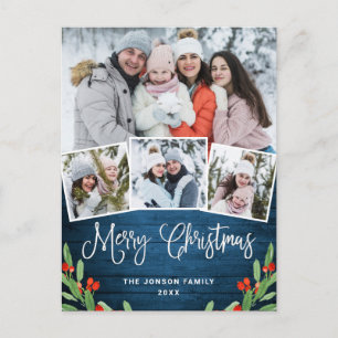 Carte Postale Noël Rustic Wood 4 PHOTO Salutation Holiday