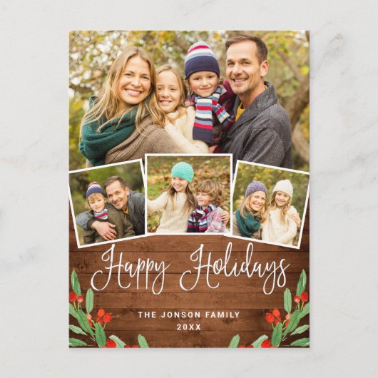 Carte Postale Noël Rustic Wood 4 PHOTO Salutation Holiday (Devant)