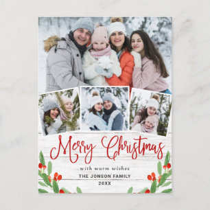 Carte Postale Noël Rustic Wood 4 PHOTO Salutation Holiday