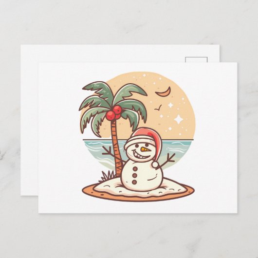Carte Postale Noël - Tropical Beach Snowman avec Palm Tree (Devant / Derrière)