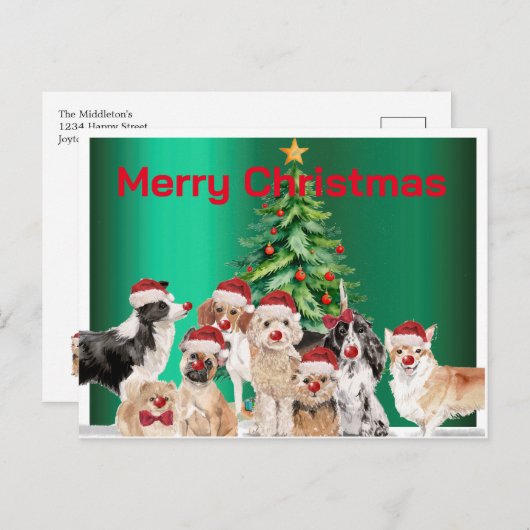 Carte Postale Noël Vacances Amoureux de les chiens Vert Joyeux (Devant / Derrière)