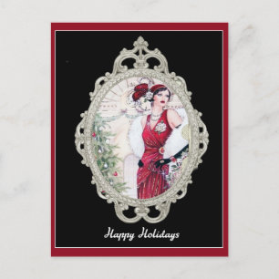 Carte Postale Noël Vintage Art Déco Élégante femme