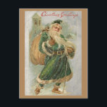 Carte Postale Noël vintage du Père à Robes Vertes en Neige<br><div class="desc">Illustration nostalgique et charmante de vacances antiques avec un lit vert Père Noël portant un sac de cadeaux alors qu'il marche à travers la neige avec des bottes et de la canne avec clocher de l'église en arrière - plan et "voeux de Noël" en typographie rouge. L'arrière comprend un cadre...</div>