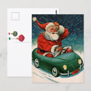 Carte Postale Noël vintage, le Père Noël dans une voiture mignon