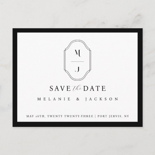 Carte Postale Noir & Blanc moderne Enregistrer la date Monogram (Devant)