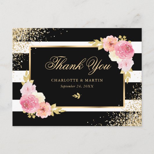 Carte Postale Noir Blanc Or Confetti Blush Merci Floral (Devant)