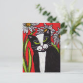 Carte Postale Noir Blanc Tuxedo Chat Blanc Daisis Vibrant Rouge (Debout devant)