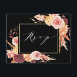 Carte Postale Noir Boho Bourgogne Terracotta Mariage Fleur RSVP<br><div class="desc">Cette carte postale rsvp mariage fleurs rustiques aquarelles en terre cuite,  bordeaux,  orange brûlé,  jaune,  rose vif avec herbe pampa beige et marron,  et un cadre rectangle doré. Pour une personnalisation plus avancée de cette conception,  cliquez sur le lien "customiser plus loin". Des articles correspondants sont également disponibles.</div>