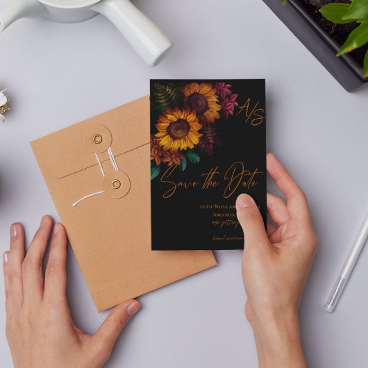 Carte Postale Noir Burnt Orange Monogramme Mariage Enregistrer l