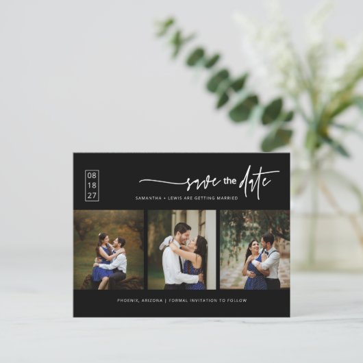 Carte Postale Noir classique minimal photo QR Code Enregistrer l (Debout devant)