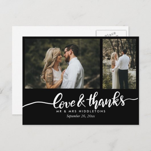 Carte Postale Noir Élégant Mariage Amour Et Merci Script (Devant / Derrière)