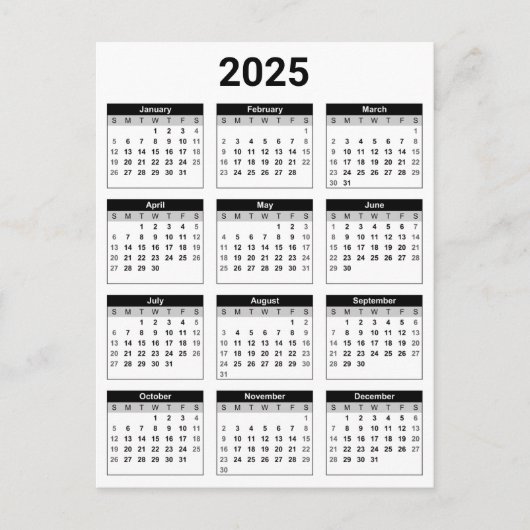 Carte Postale Noir et blanc 2025 Année à un coup d'oeil Calendri (Devant)