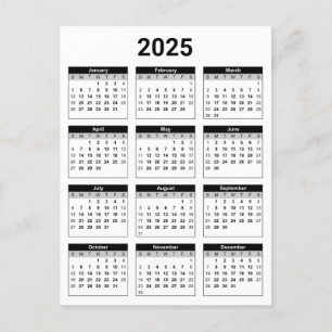 Carte Postale Noir et blanc USA 2025 Calendrier annuel