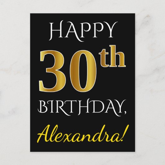 Carte Postale Noir, Faux Gold 30e anniversaire + Nom personnalis (Devant)