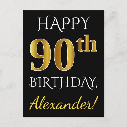 Carte Postale Noir, Faux Gold 90e anniversaire + Nom personnalis (Devant)
