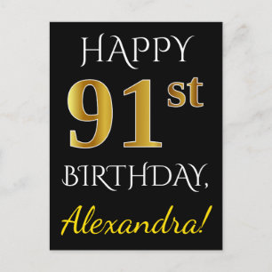 Carte Postale Noir, Faux Gold 91e anniversaire + Nom personnalis