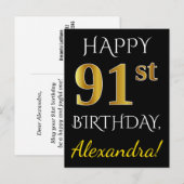 Carte Postale Noir, Faux Gold 91ème Anniversaire + Nom personnal (Devant / Derrière)