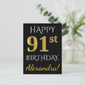 Carte Postale Noir, Faux Gold 91ème Anniversaire + Nom personnal (Debout devant)