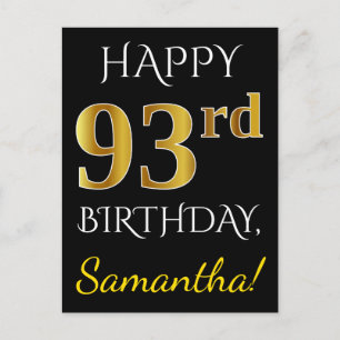 Carte Postale Noir, Faux Gold 93ème anniversaire + Nom personnal