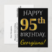 Carte Postale Noir, Faux Gold 95e anniversaire + Nom personnalis (Devant / Derrière)