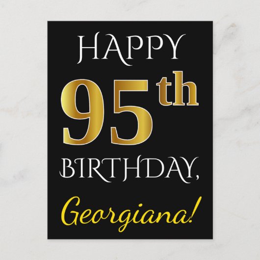 Carte Postale Noir, Faux Gold 95e anniversaire + Nom personnalis (Devant)