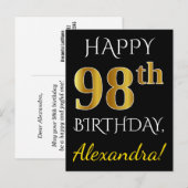 Carte Postale Noir, Faux Gold 98e anniversaire + Nom personnalis (Devant / Derrière)