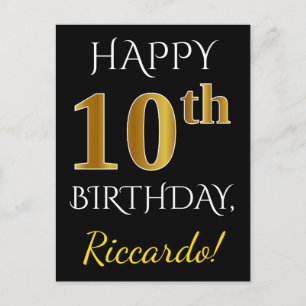 Carte Postale Noir, Faux Or 10e anniversaire + Nom personnalisé