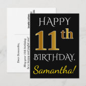 Carte Postale Noir, Faux Or 11e anniversaire + Nom personnalisé (Devant / Derrière)