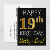 Carte Postale Noir, Faux Or 19e anniversaire + Nom personnalisé (Devant / Derrière)