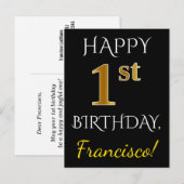 Carte Postale Noir, Faux Or 1er anniversaire + Nom personnalisé (Devant / Derrière)