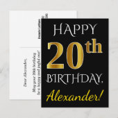 Carte Postale Noir, Faux Or 20e anniversaire + Nom personnalisé (Devant / Derrière)