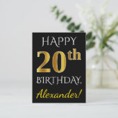 Carte Postale Noir, Faux Or 20e anniversaire + Nom personnalisé (Debout devant)