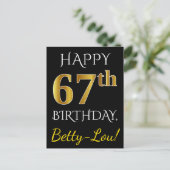 Carte Postale Noir, Faux Or 67e anniversaire + Nom personnalisé (Debout devant)