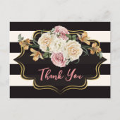 Carte Postale Noir gras, rayures ivoire, fleurs Merci (Devant)