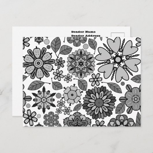 Carte Postale Noir gris blanc rétro Art Floral Motif sans coutur (Devant / Derrière)