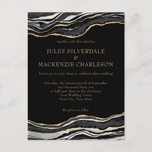 Carte Postale Noir Marbre Agate Or Parties scintillant Mariage é (Devant)