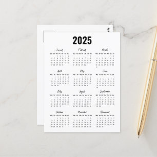 Carte Postale Noir moderne Blanc 2025 Calendrier Pleine Année Vu