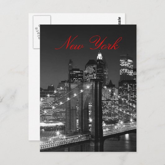 Carte postale noire et blanche New York Red Script (Devant / Derrière)