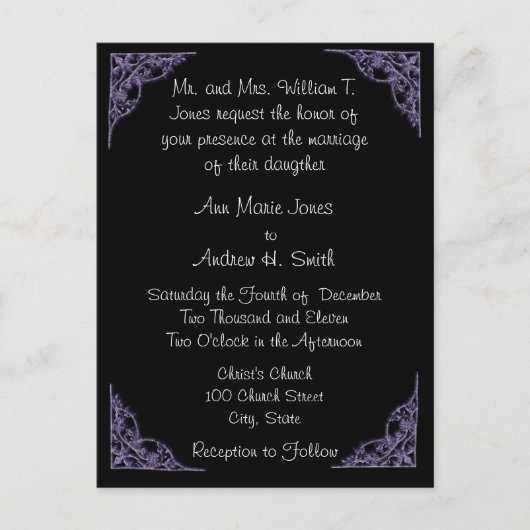 Carte postale noire faire-part de mariage pourpre  (Devant)