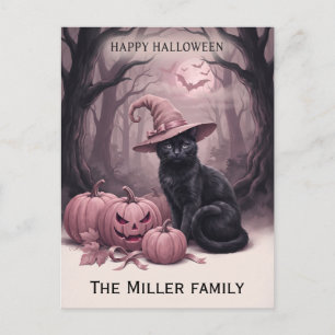 Carte Postale Nom de famille personnalisé Chat noir & Citrouille