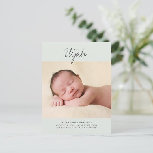 Carte Postale Nom de script vert un photo Faire-part de naissanc (Debout devant)