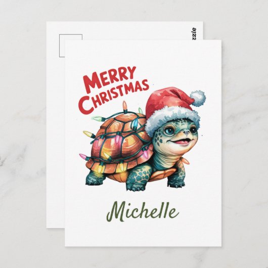 Carte Postale Nom personnalisé Joyeuse tortue de Noël à Père Noë (Devant / Derrière)