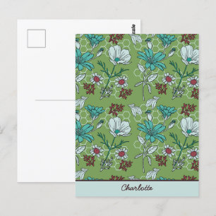Carte Postale Nom personnalisé motif floral vert transparent