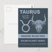Carte Postale Nom personnalisé / Texte Zodiac Sign Taurus (Devant / Derrière)